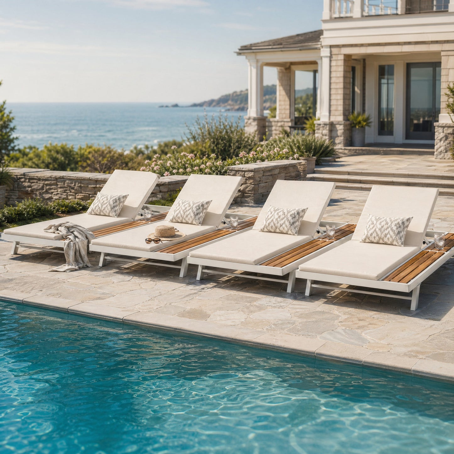 White Iron and Teak Finish Outdoor Lounge Set