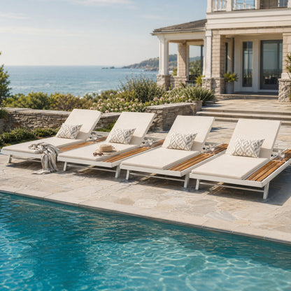 White Iron and Teak Finish Outdoor Lounge Set