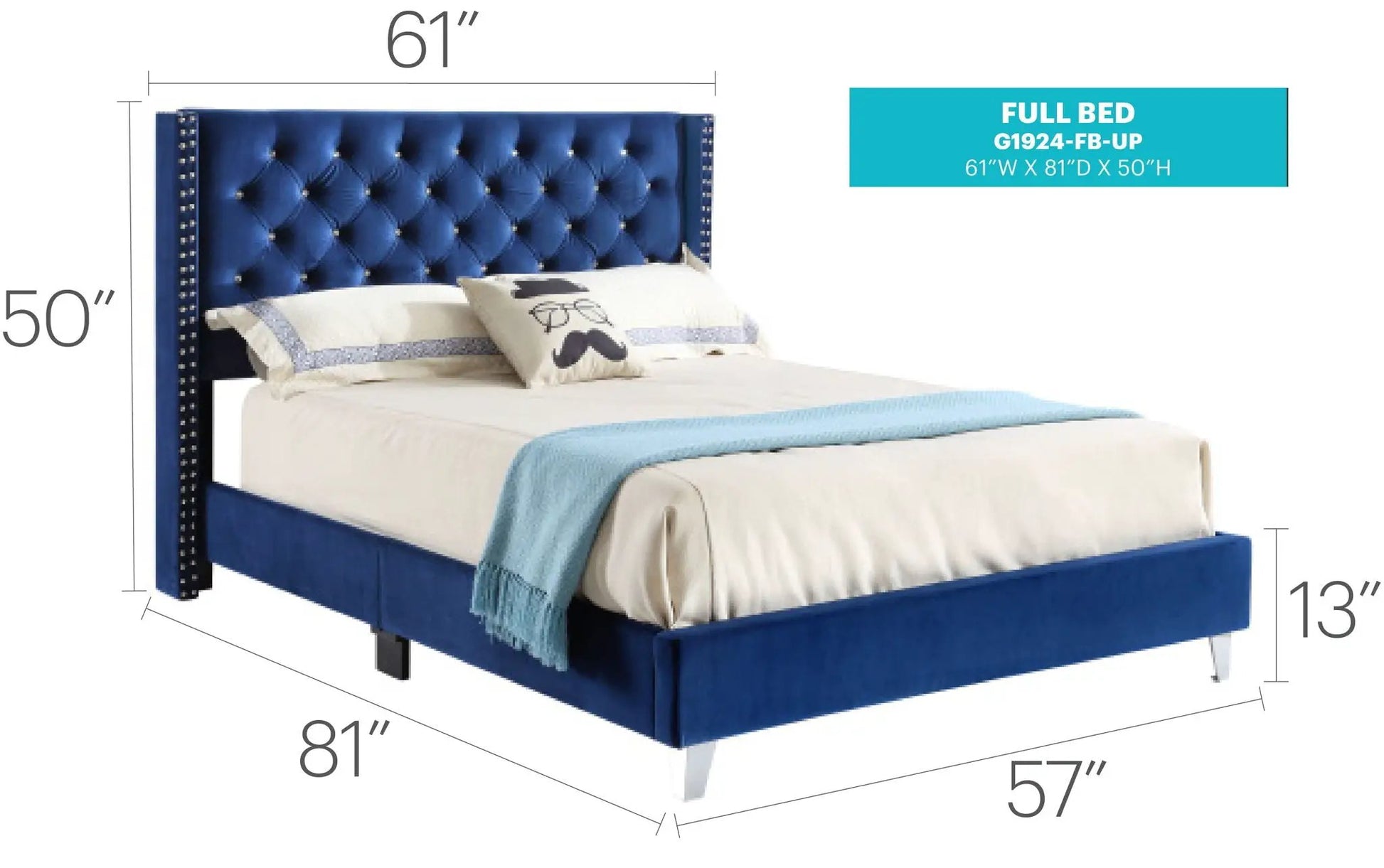 Upholstered nailhead trim bed in blue velvet with tufted headboard by Unique Piece Furniture on Tampa Home & Garden Store