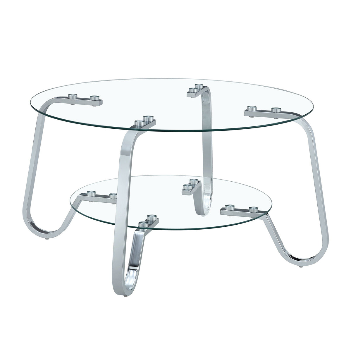 Double-layer glass coffee table with two round clear glass shelves and chrome frame on Tampa Home & Garden Store