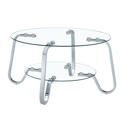 Double-layer glass coffee table with two round clear glass shelves and chrome frame on Tampa Home & Garden Store