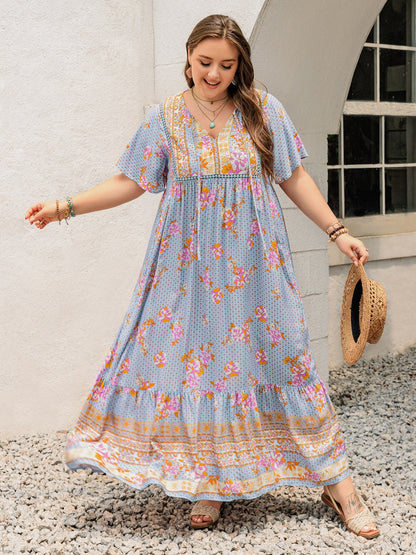 Stevvex blue floral printed flutter-sleeve maxi dress plus size on Tampa Home & Garden Store