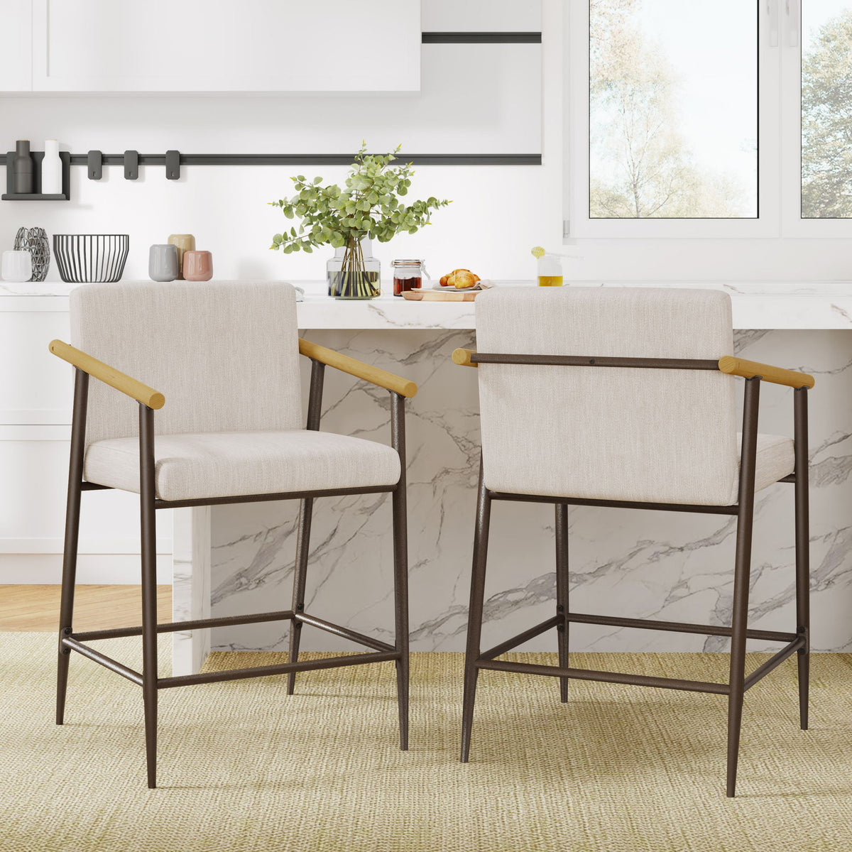 HouseOfZazla mid century modern counter stools with iron frames, beige fabric seats, set of 2 on Tampa Home & Garden Store