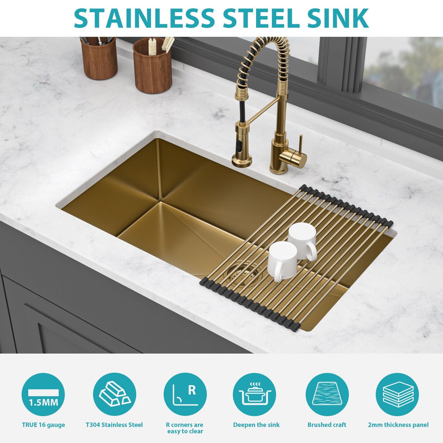 HouseOfZazla 32x19 undermount stainless steel kitchen sink with deep single bowl and brass faucet on Tampa Home & Garden Store