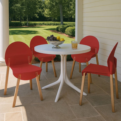 Traditional 4-piece outdoor chair set with round white table and 4 red chairs on a covered porch on Tampa Home & Garden Store