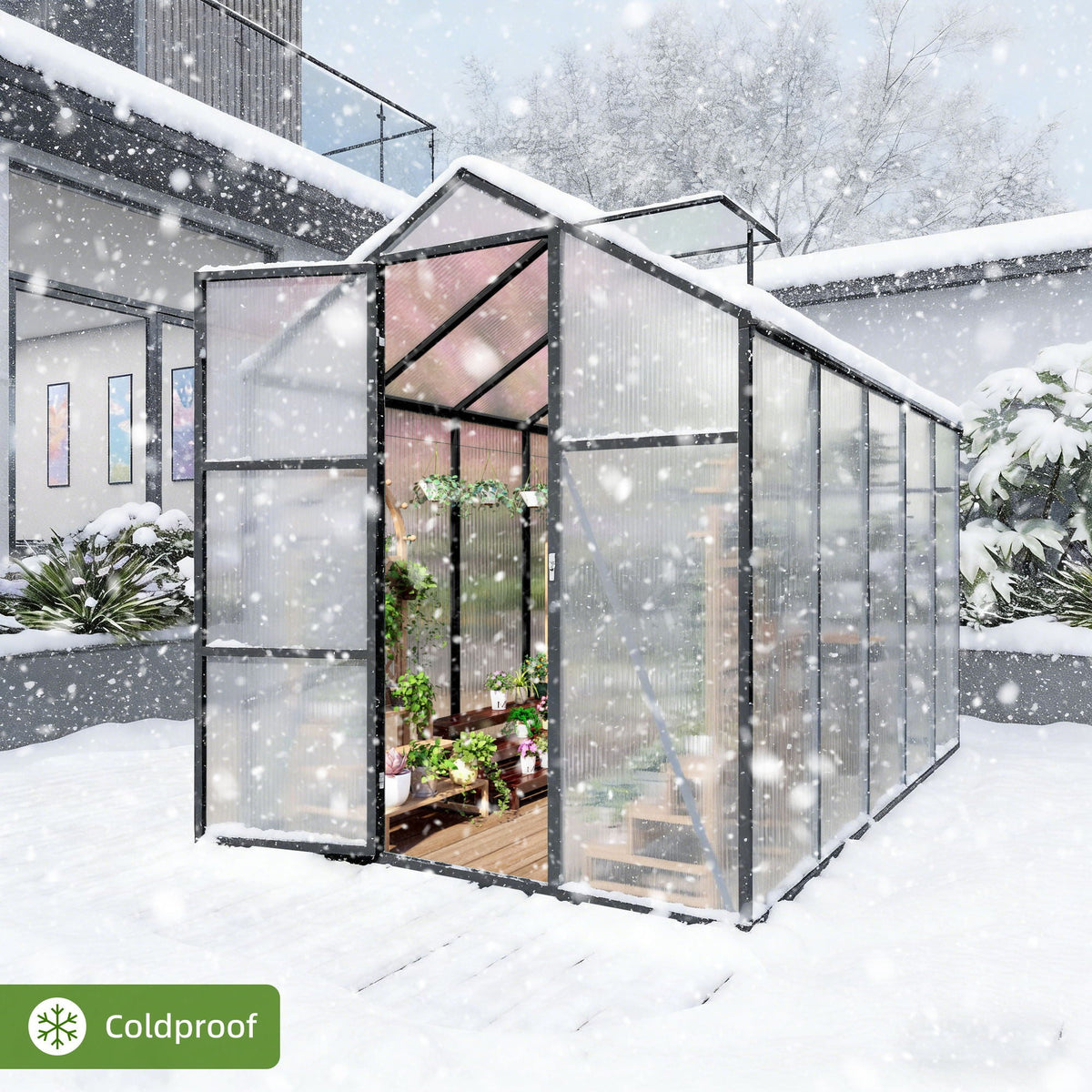 HouseOfZazla windproof greenhouse with raised base in black polycarbonate panels on Tampa Home & Garden Store