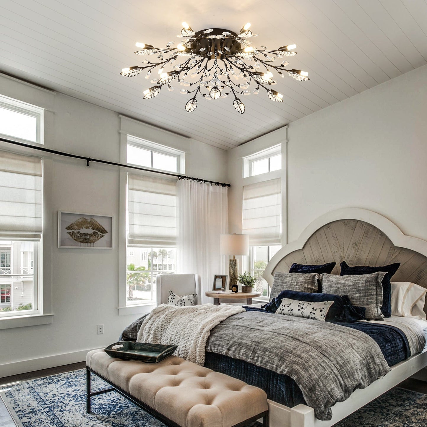 15-Light Chandelier Crystal Ceiling Lamp with black metal branches and hanging crystal droplets on Tampa Home & Garden Store