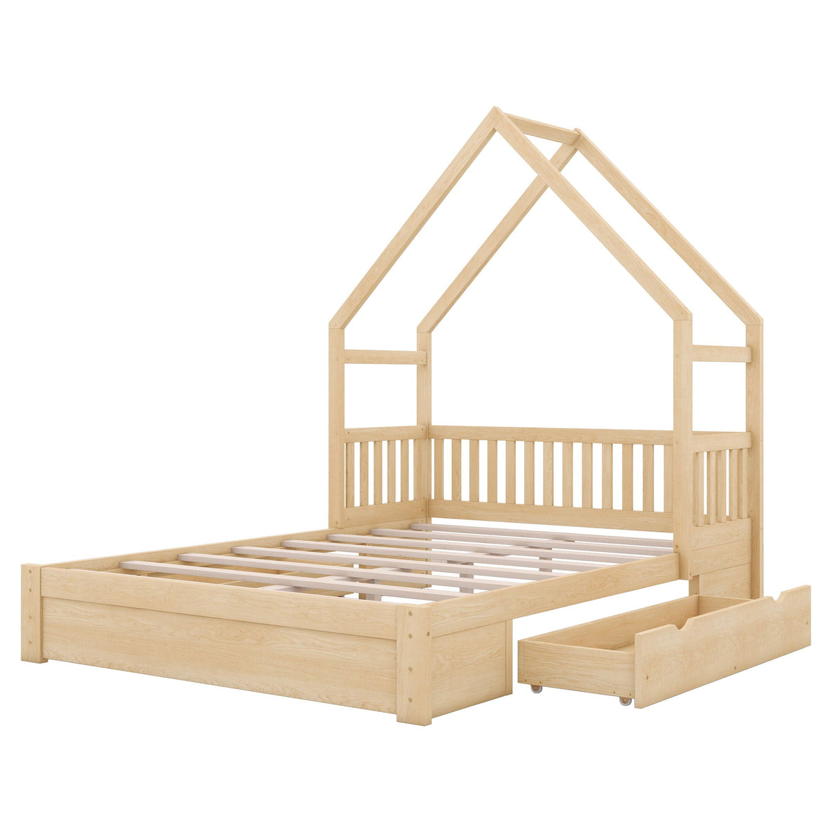 House Style Platform Bed with Guardrail and 2 Drawers in natural pine wood HouseOfZazla on Tampa Home & Garden Store