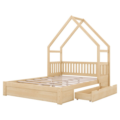 House Style Platform Bed with Guardrail and 2 Drawers in natural pine wood HouseOfZazla on Tampa Home & Garden Store