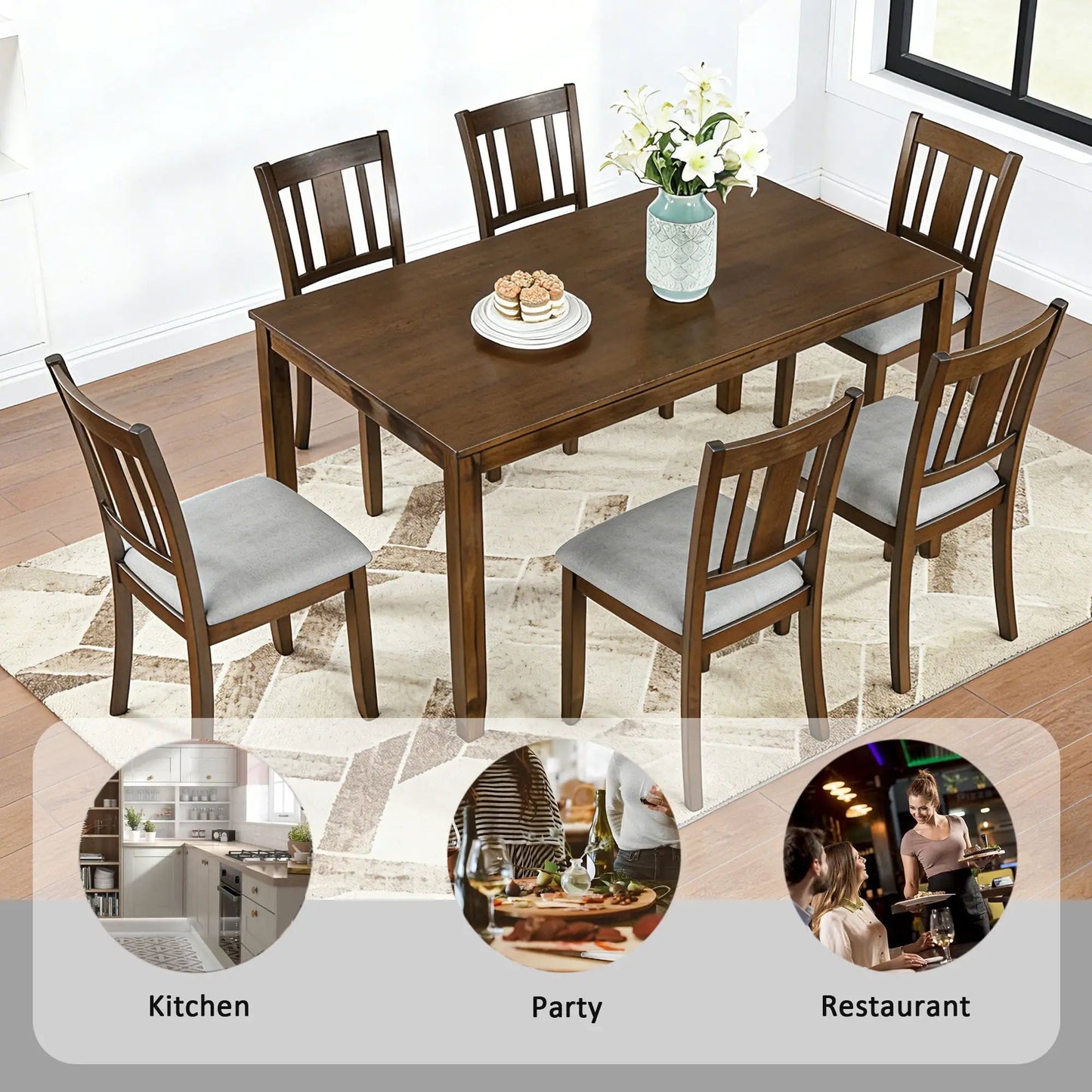 Kitchen dining set with dark wood rectangular table and 6 gray upholstered chairs on Tampa Home & Garden Store
