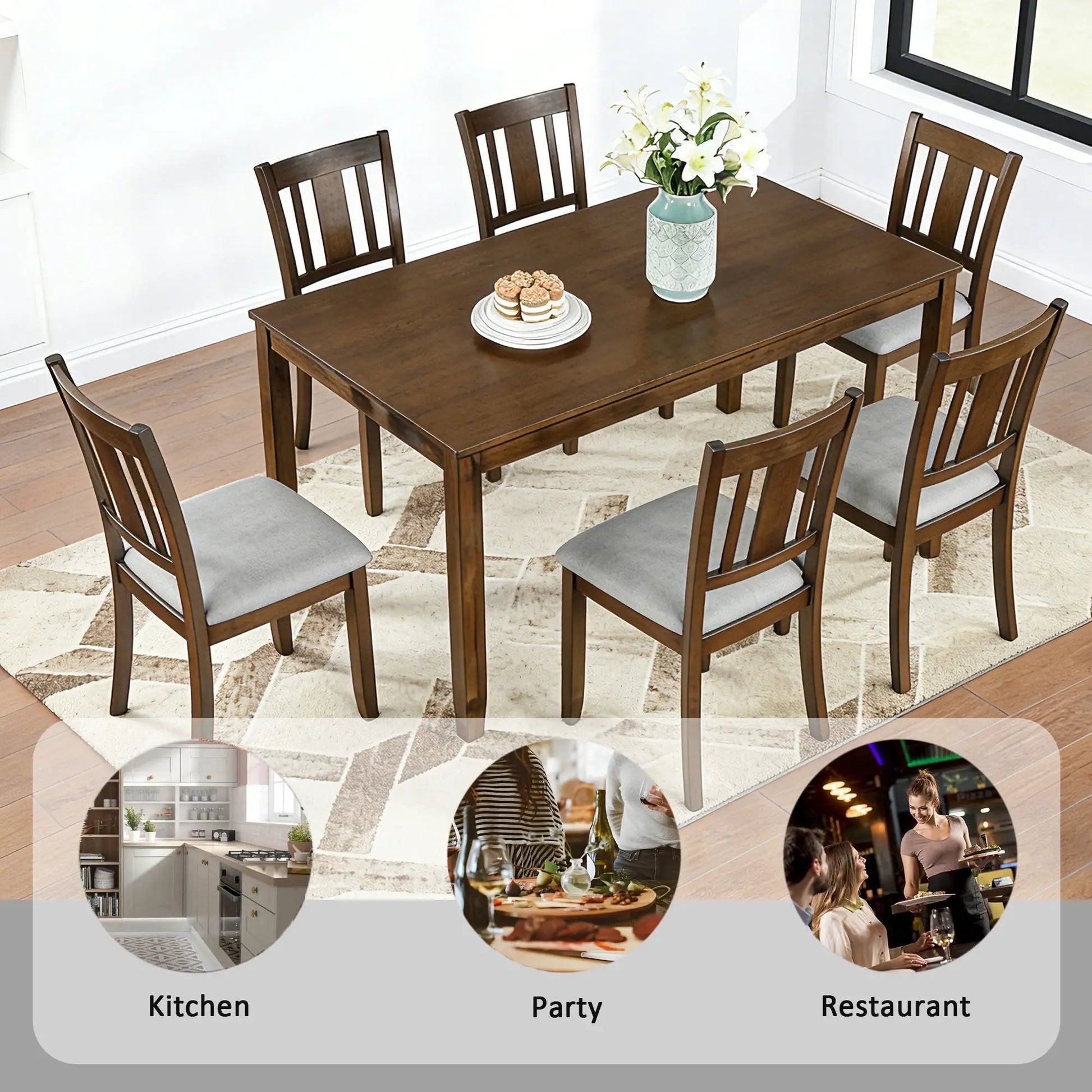 Kitchen dining set with dark wood rectangular table and 6 gray upholstered chairs on Tampa Home & Garden Store