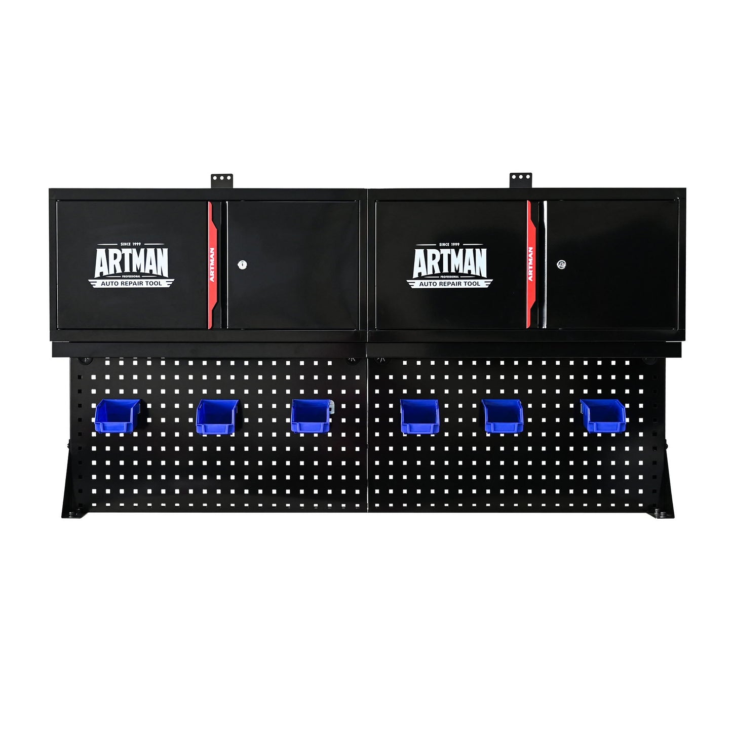 Artman wall mounted double-door storage cabinet with tool rack, black with red trim on pegboard on Tampa Home & Garden Store