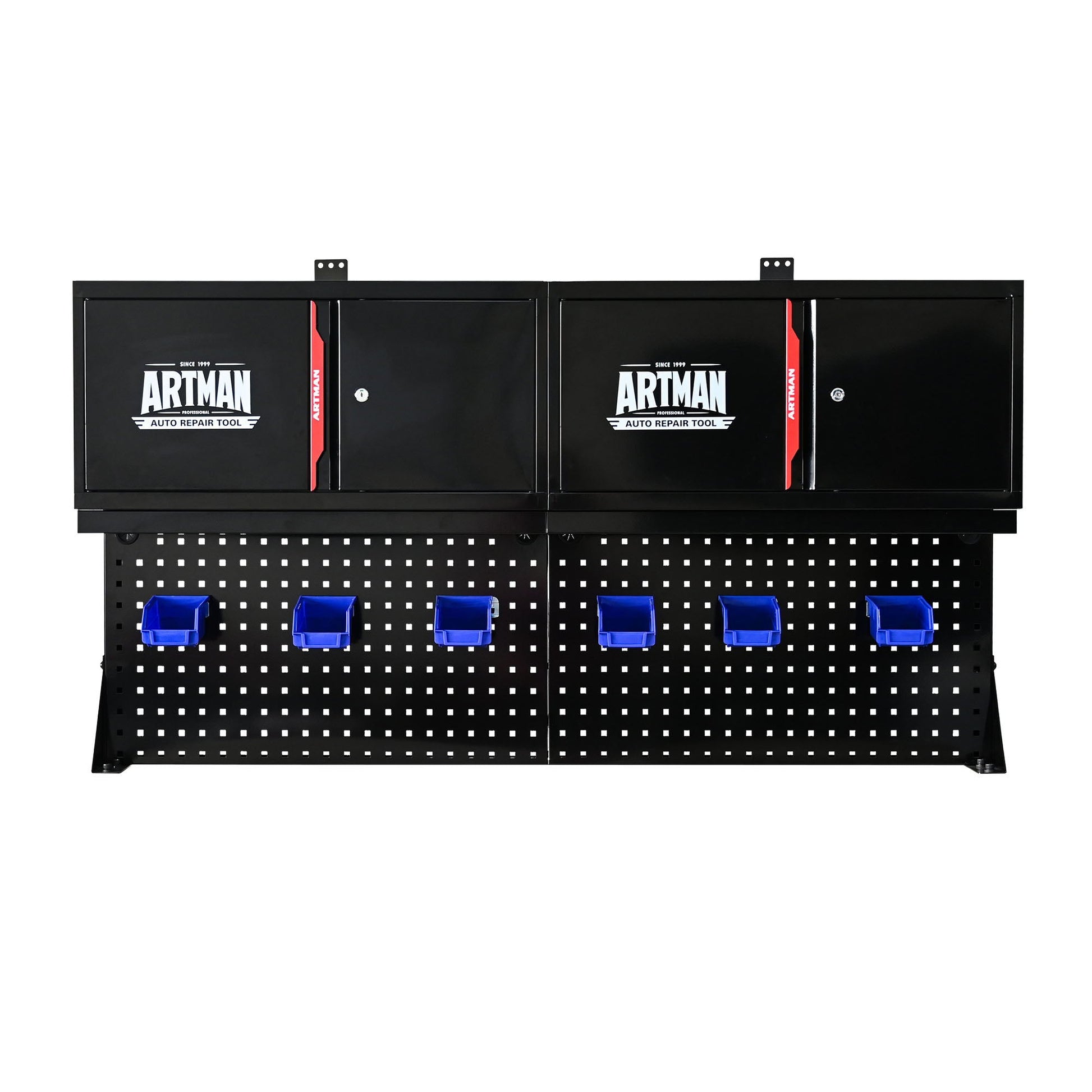 Artman wall mounted double-door storage cabinet with tool rack, black with red trim on pegboard on Tampa Home & Garden Store
