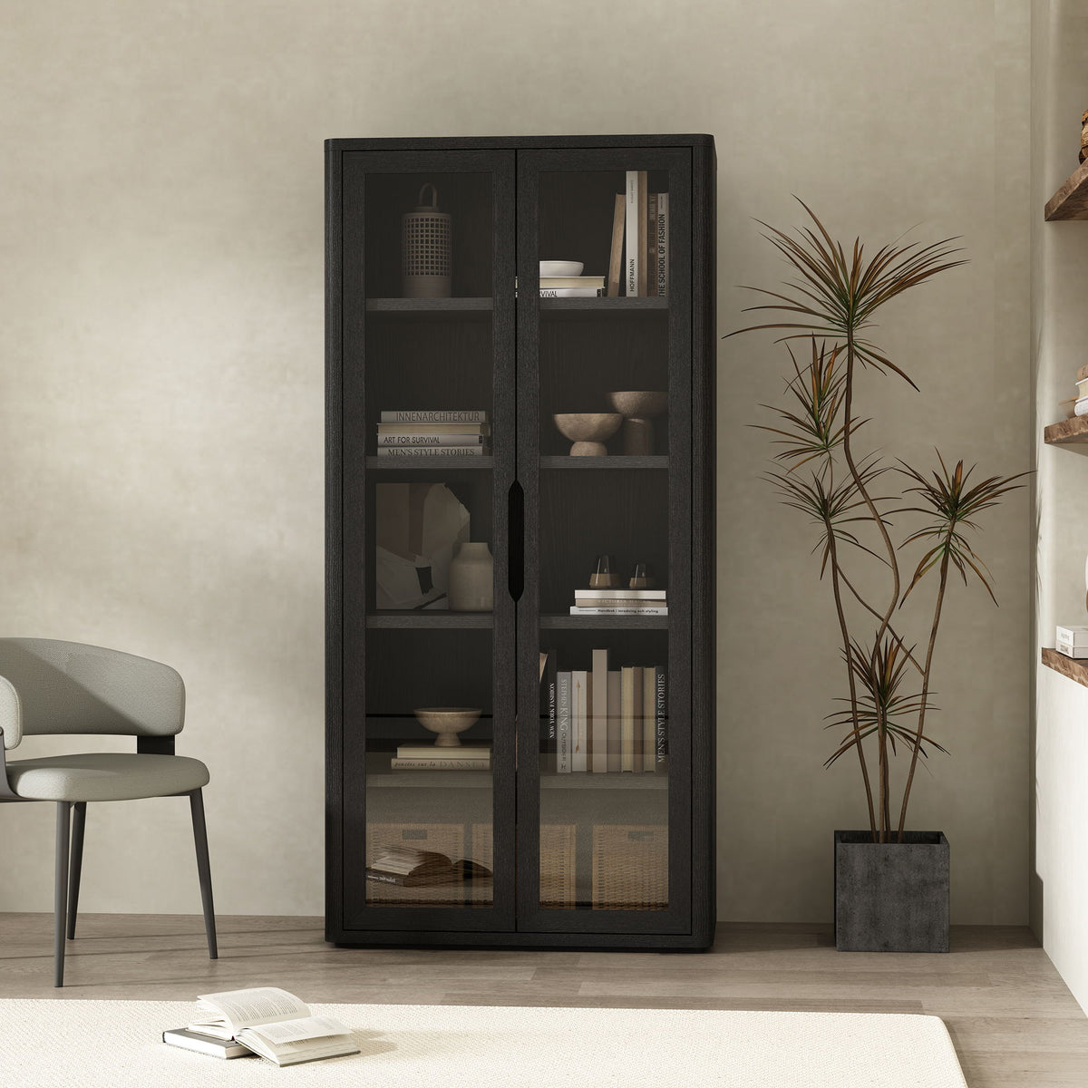 Bookcase cabinet with glass doors and adjustable shelves in black finish by HouseOfZazla on Tampa Home & Garden Store