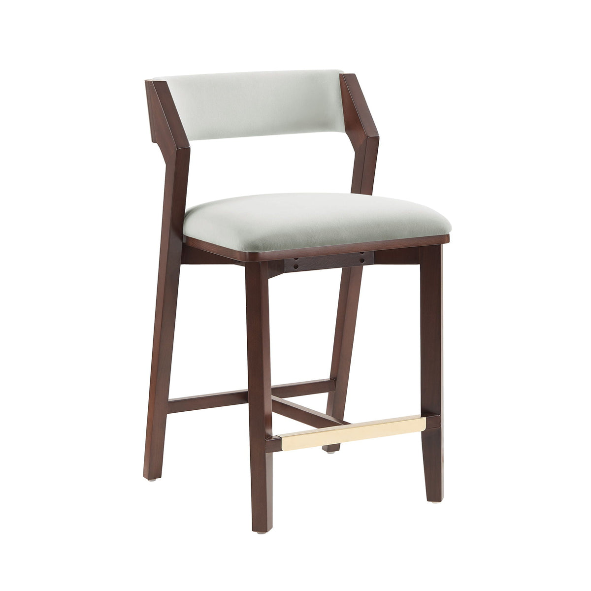 Patricia Counter Stool, dark wood frame with light gray upholstery, gold footrest on Tampa Home & Garden Store