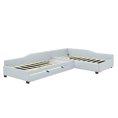 Upholstered double daybed with trundle and drawer in light gray fabric with slatted base on Tampa Home & Garden Store