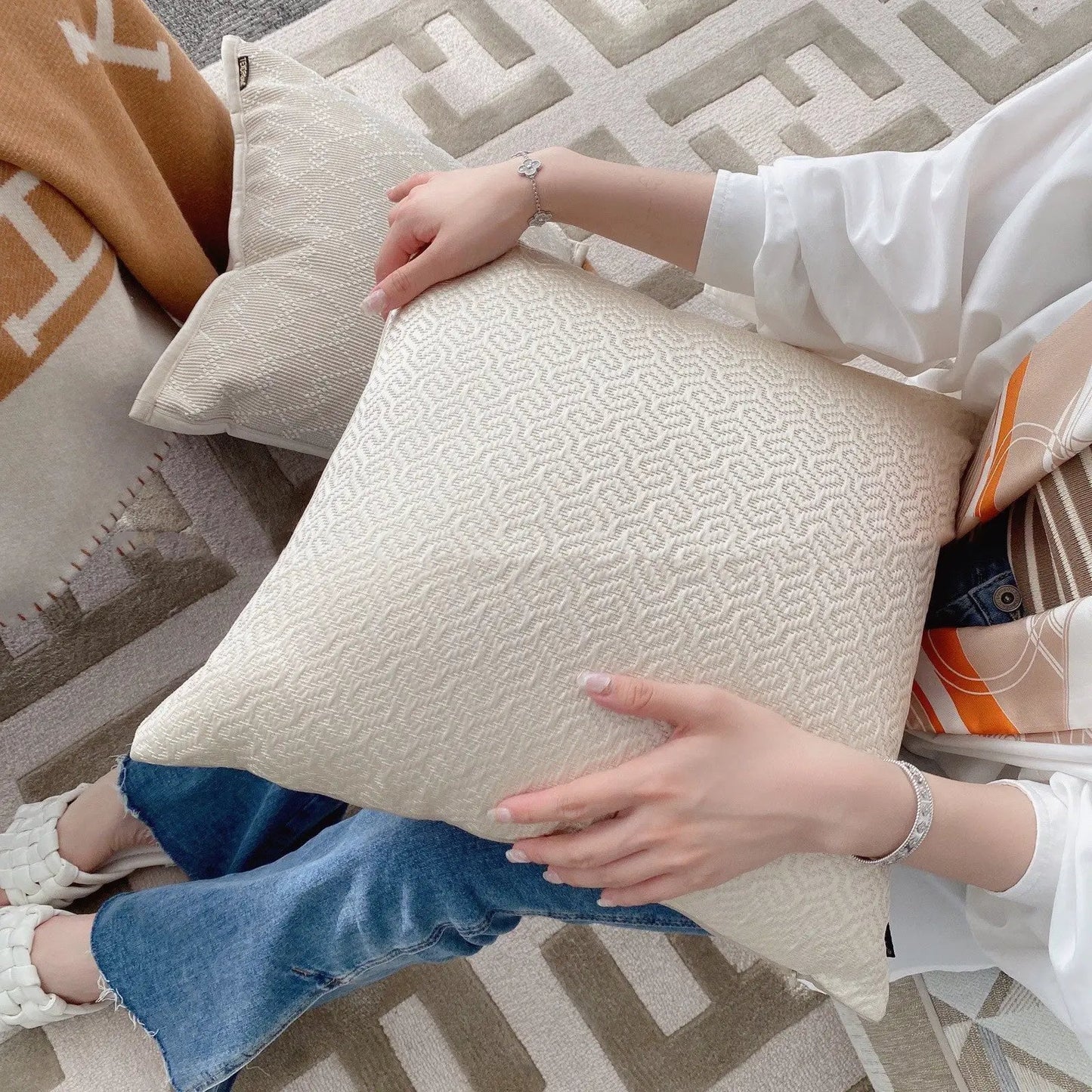 French Magnolia Sofa Pillow Case beige textured damask fabric by FLIPSTYLEZLLC on Tampa Home & Garden Store