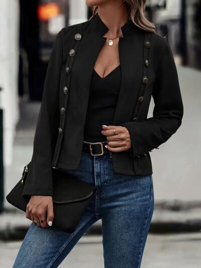 Decorative Button Open Front Long Sleeve Jacket black double-breasted coat with metal buttons on Tampa Home & Garden Store