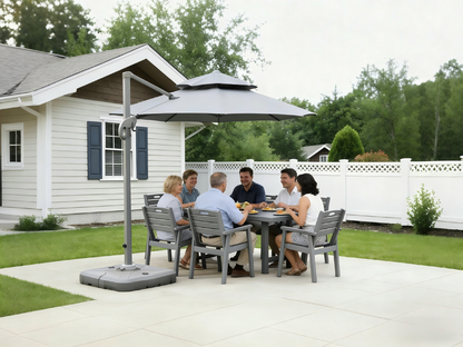 HDPE outdoor patio dining set with table, six gray chairs and umbrella by HouseOfZazla on Tampa Home & Garden Store
