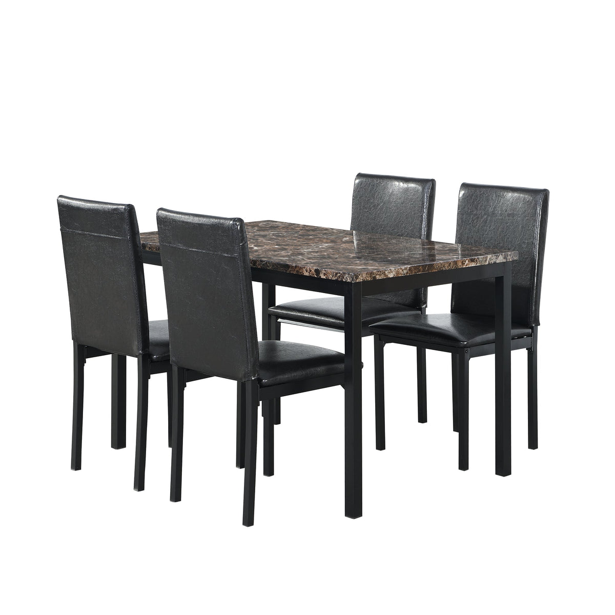 5 Piece Metal Dinette Set with Faux Marble Top in Black including four black faux leather chairs on Tampa Home & Garden Store