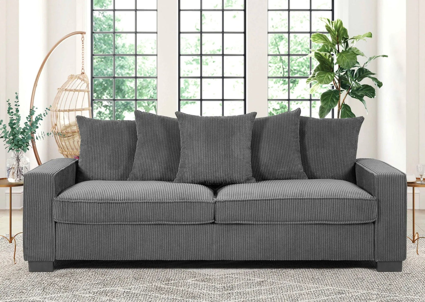 Luxe sofa with 5 matching toss pillows in dark charcoal striped fabric, 3-seat couch on Tampa Home & Garden Store