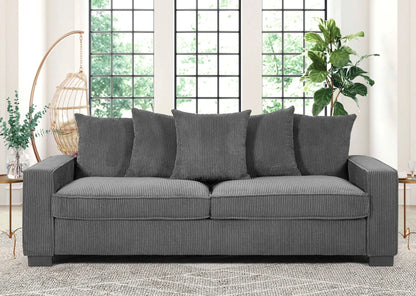 Luxe sofa with 5 matching toss pillows in dark charcoal striped fabric, 3-seat couch on Tampa Home & Garden Store