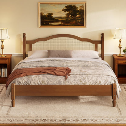 King Size wooden platform bed with rattan headboard, warm walnut finish, with nightstands on Tampa Home & Garden Store