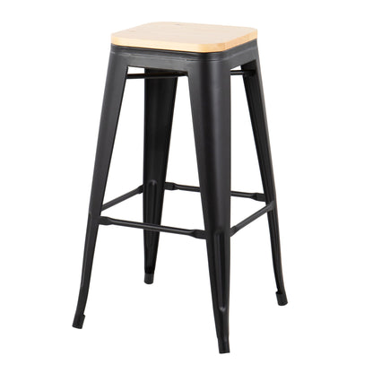 Contemporary barstools set of 2 with stackable black frames and natural wood seats on Tampa Home & Garden Store