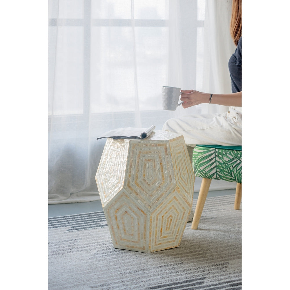 Hexagonal capiz end table in cream yellow by HouseOfZazla with geometric mosaic top on Tampa Home & Garden Store