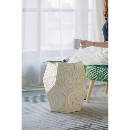 Hexagonal capiz end table in cream yellow by HouseOfZazla with geometric mosaic top on Tampa Home & Garden Store