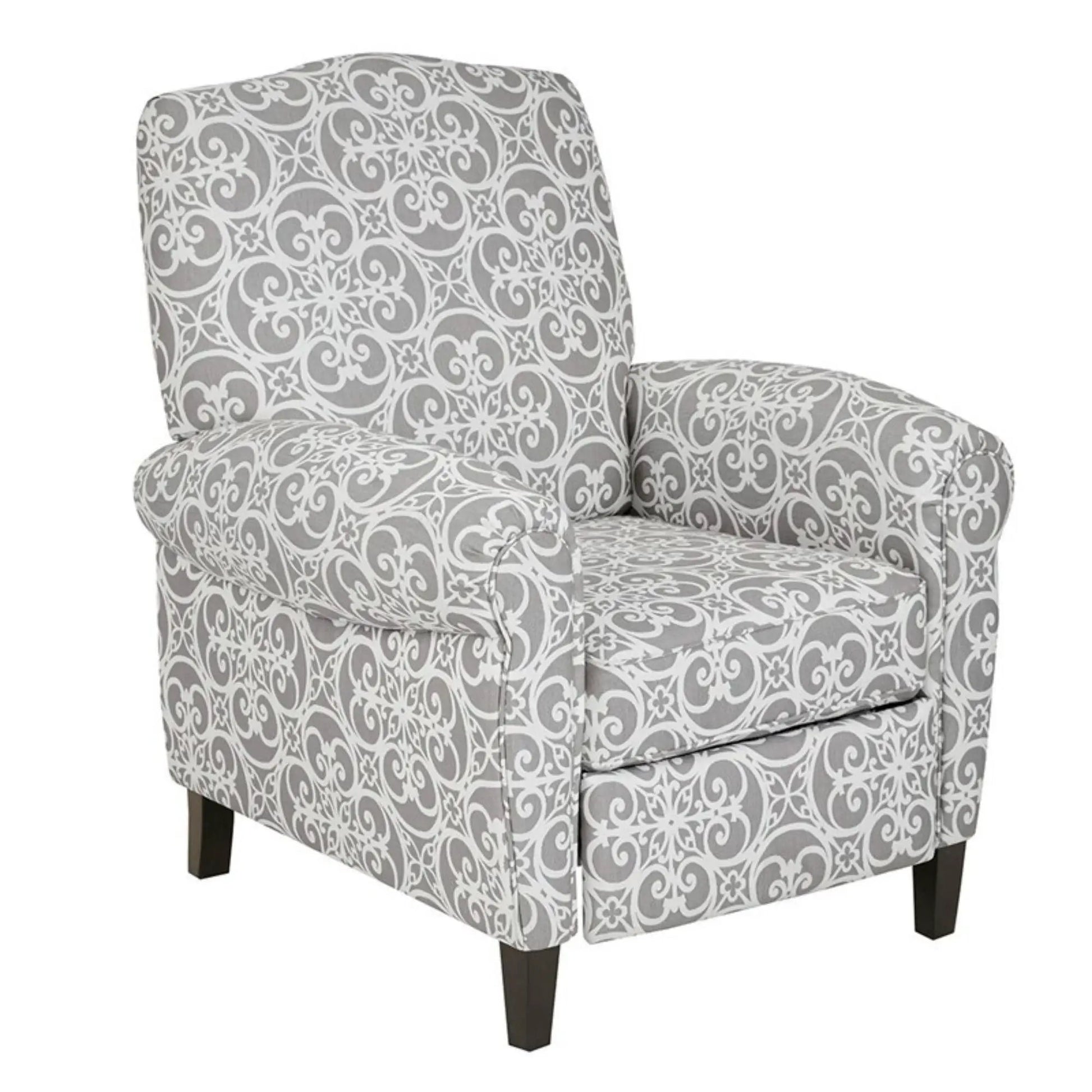 Kirby transitional push-back recliner chair, gray ornate upholstery with dark wood legs on Tampa Home & Garden Store