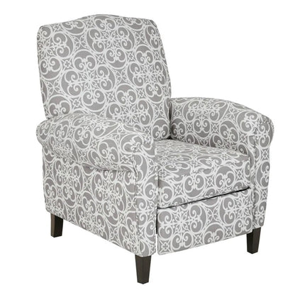 Kirby transitional push-back recliner chair, gray ornate upholstery with dark wood legs on Tampa Home & Garden Store