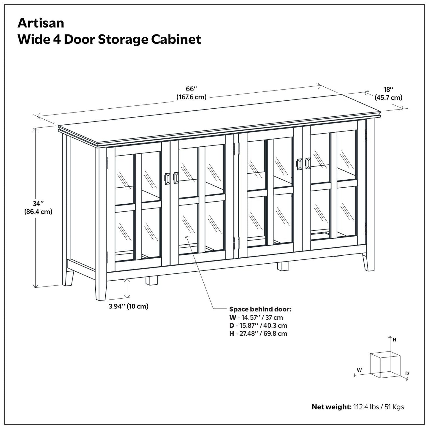 Artisan Handcrafted Wide 4-Door Storage Cabinet, HouseOfZazla, glass-panel doors, 66 inches wide on Tampa Home & Garden Store