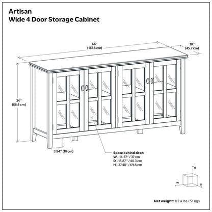 Artisan Handcrafted Wide 4-Door Storage Cabinet, HouseOfZazla, glass-panel doors, 66 inches wide on Tampa Home & Garden Store