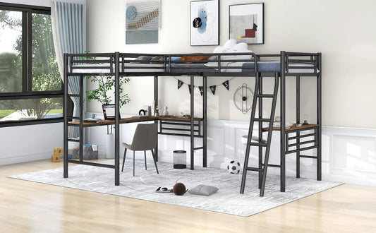 Twin metal loft bed with built-in desks in black over workspace, modern dorm style on Tampa Home & Garden Store