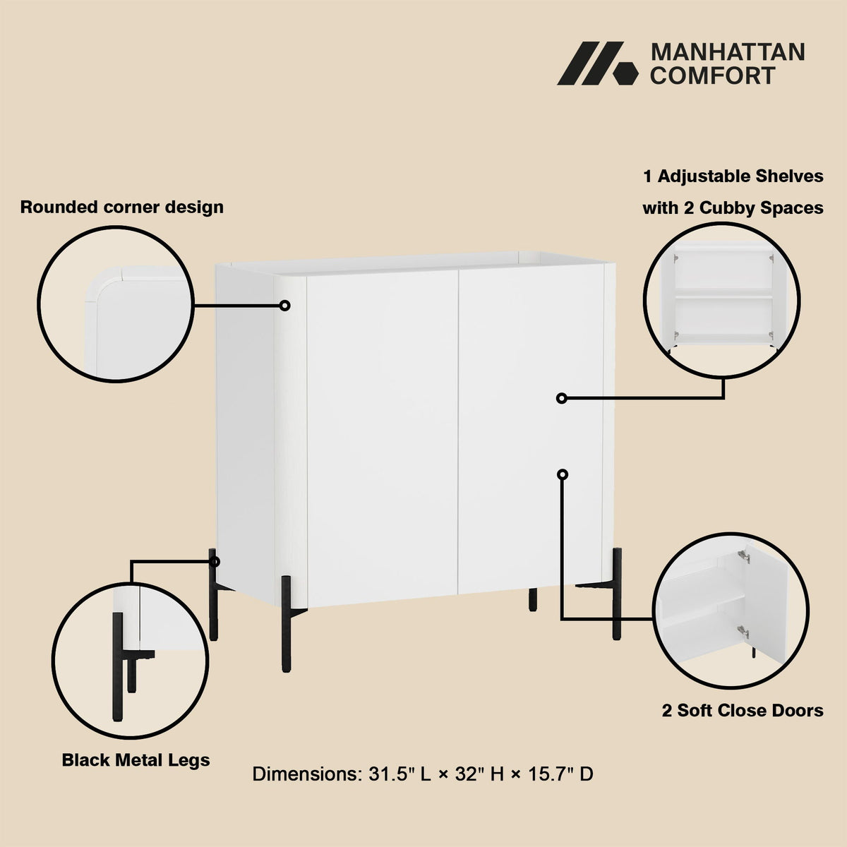 Abbey Accent Cabinet white finish, rounded edges, black metal legs, soft-close doors on Tampa Home & Garden Store
