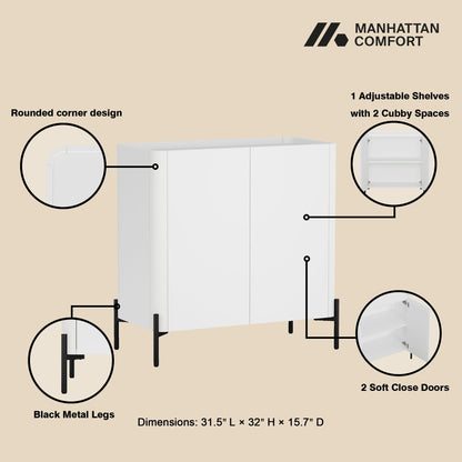 Abbey Accent Cabinet white finish, rounded edges, black metal legs, soft-close doors on Tampa Home & Garden Store