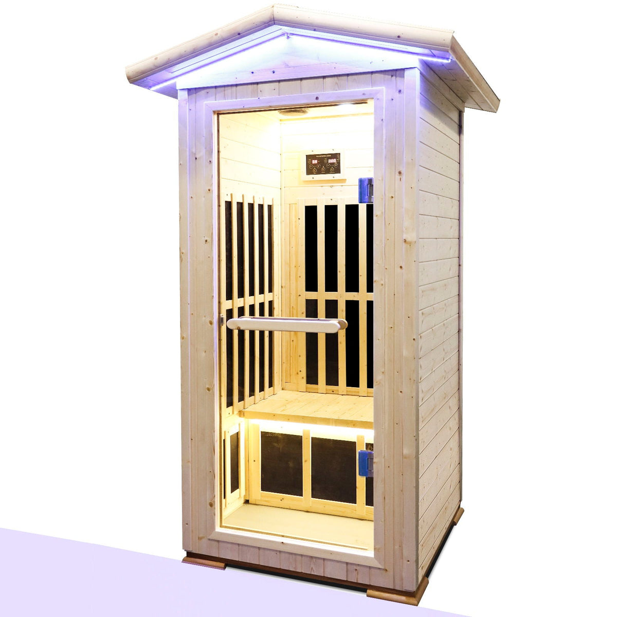 Single Person Spruce Infrared Sauna with glass door blue LED accents digital control panel on back wall on Tampa Home & Garden Store