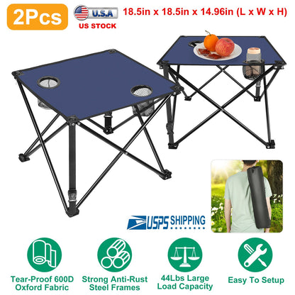 GemGear 2-piece foldable camping tables with blue fabric tops, cup holders and carrying bag on Tampa Home & Garden Store