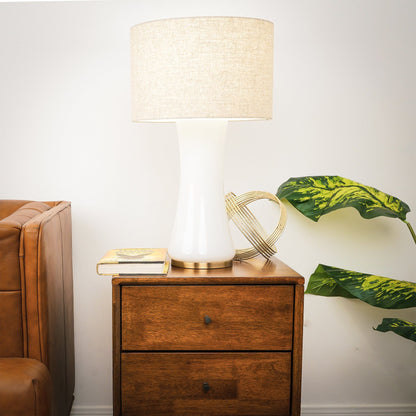 Cascade table lamp with white ceramic base, beige linen shade and gold-tone accents on Tampa Home & Garden Store