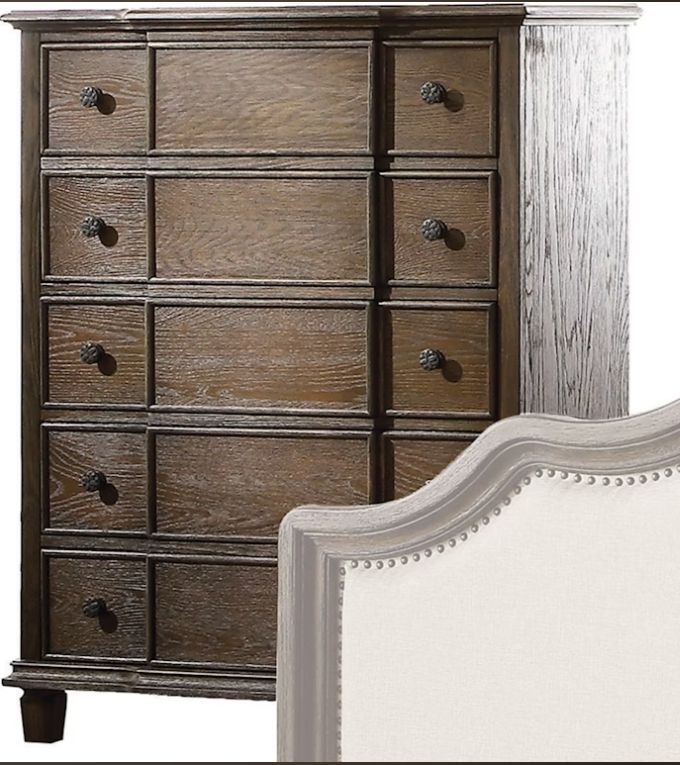 Oak accent chest with five drawers, dark oak finish and felt-lined top on Tampa Home & Garden Store