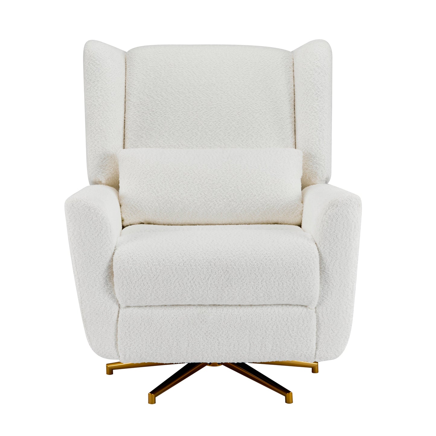 HouseOfZazla power recliner chair with white bouclé upholstery and 360° swivel gold base on Tampa Home & Garden Store