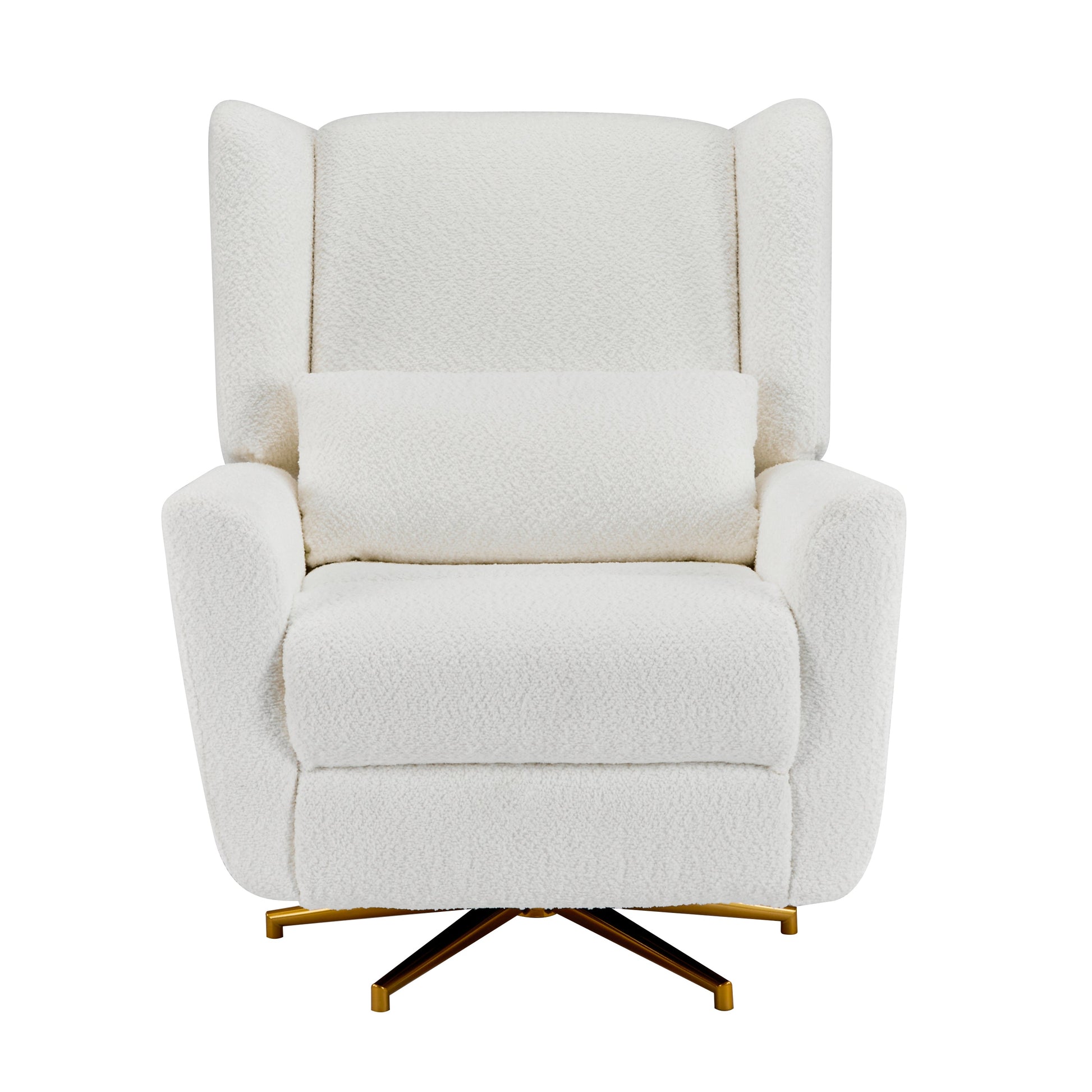 HouseOfZazla power recliner chair with white bouclé upholstery and 360° swivel gold base on Tampa Home & Garden Store