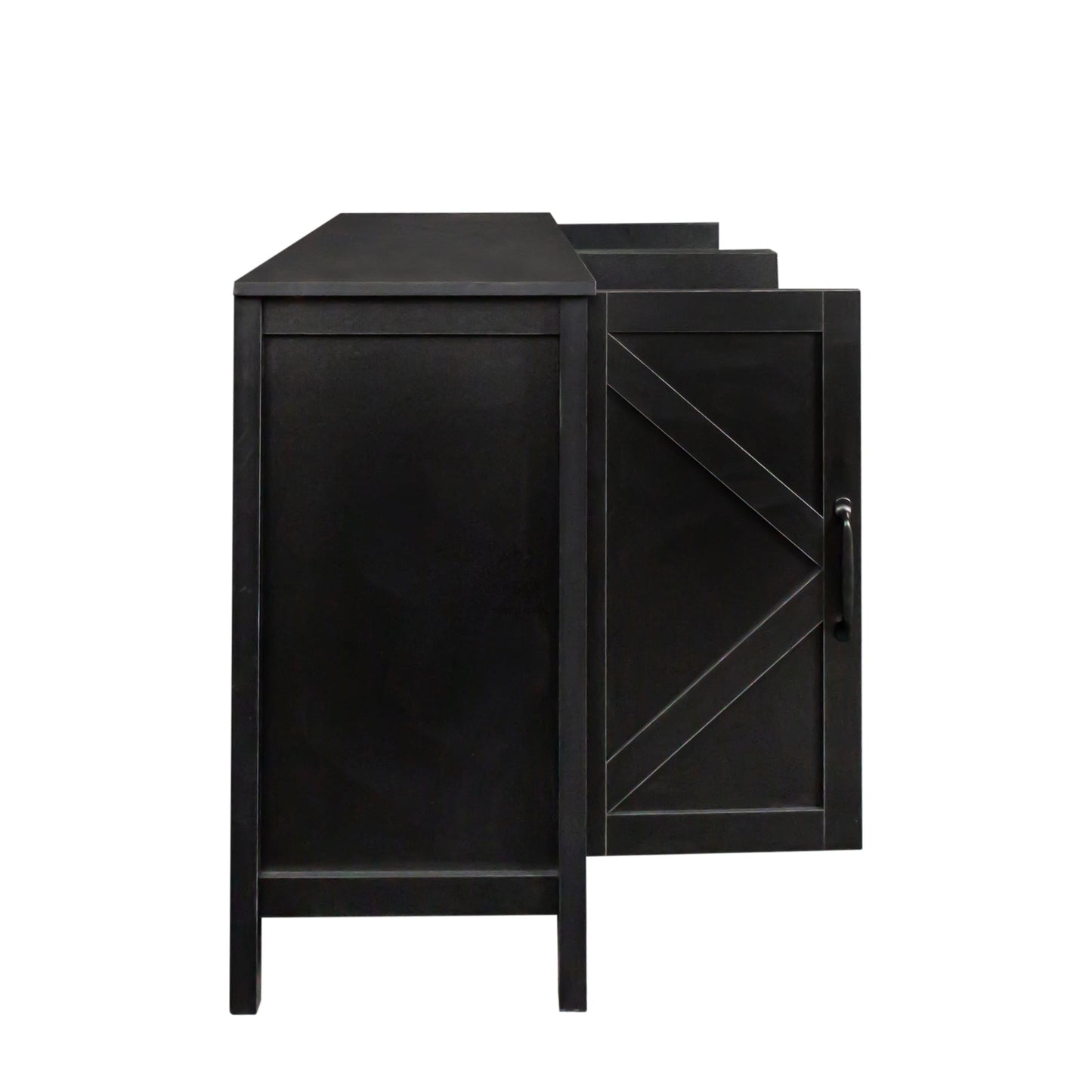 Cabinet with 4 doors and 4 open shelves black sideboard with diagonal panel accents on Tampa Home & Garden Store