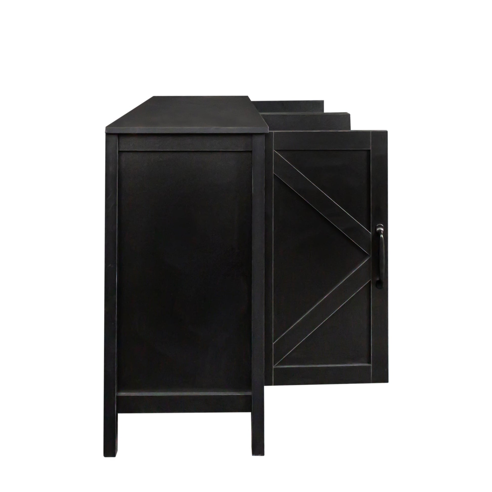 Cabinet with 4 doors and 4 open shelves black sideboard with diagonal panel accents on Tampa Home & Garden Store