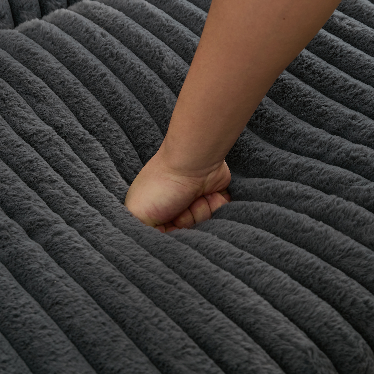 Oversized Corduroy Chaise Lounge with Ottoman in Dark Gray corduroy upholstery closeup on Tampa Home & Garden Store