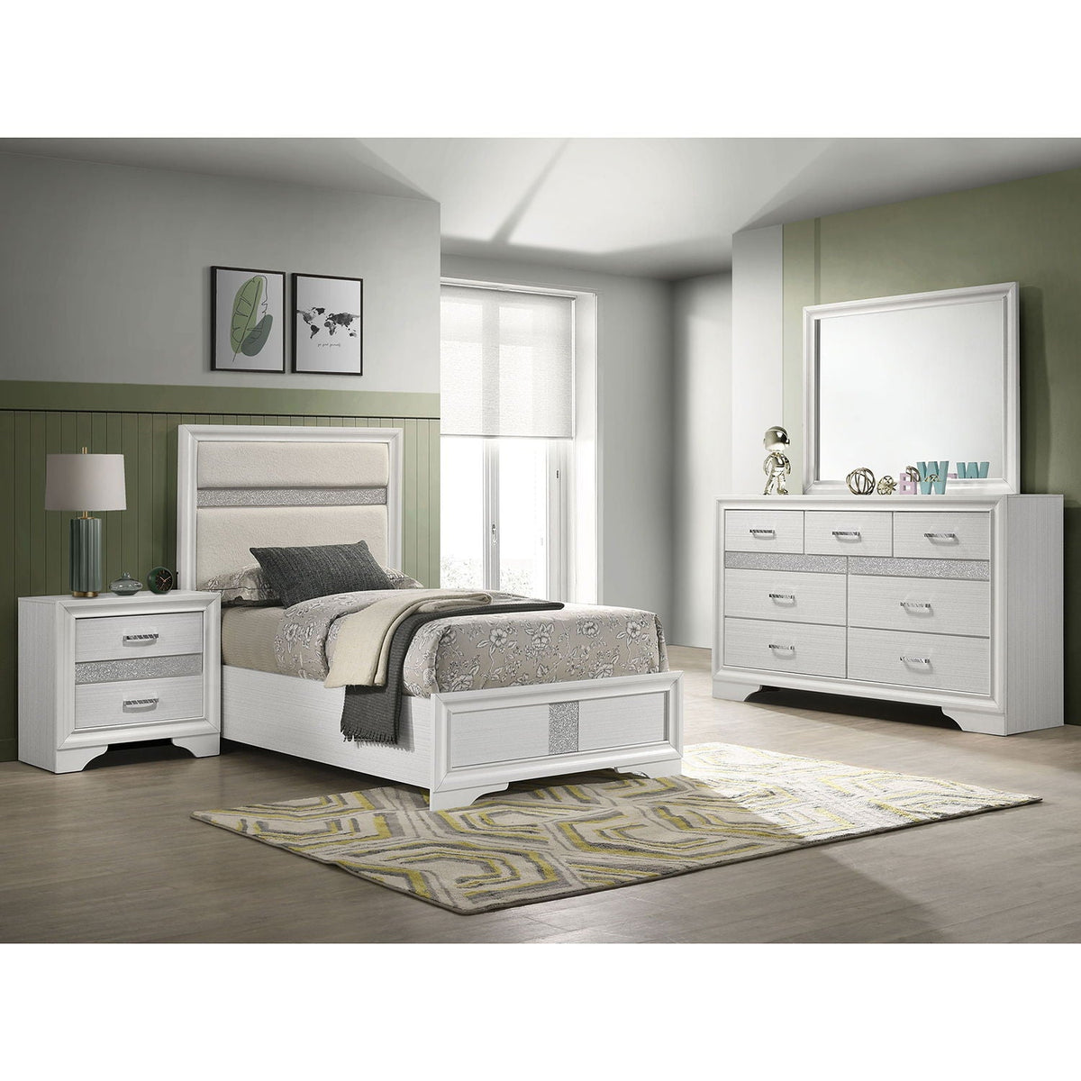 Annie 4-Piece Bedroom Set white finish with upholstered headboard, nightstand, and dresser on Tampa Home & Garden Store