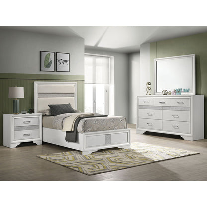 Annie 4-Piece Bedroom Set white finish with upholstered headboard, nightstand, and dresser on Tampa Home & Garden Store