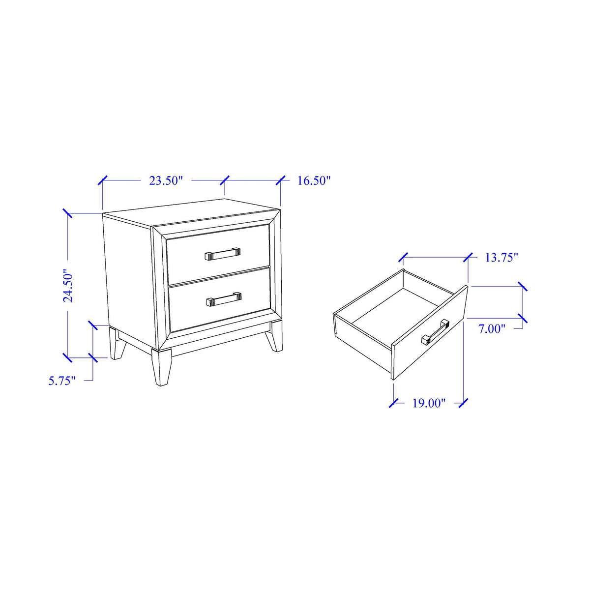 Mirage Nightstand with Two Drawers blueprint diagram with dimensions dark gray or white finish on Tampa Home & Garden Store