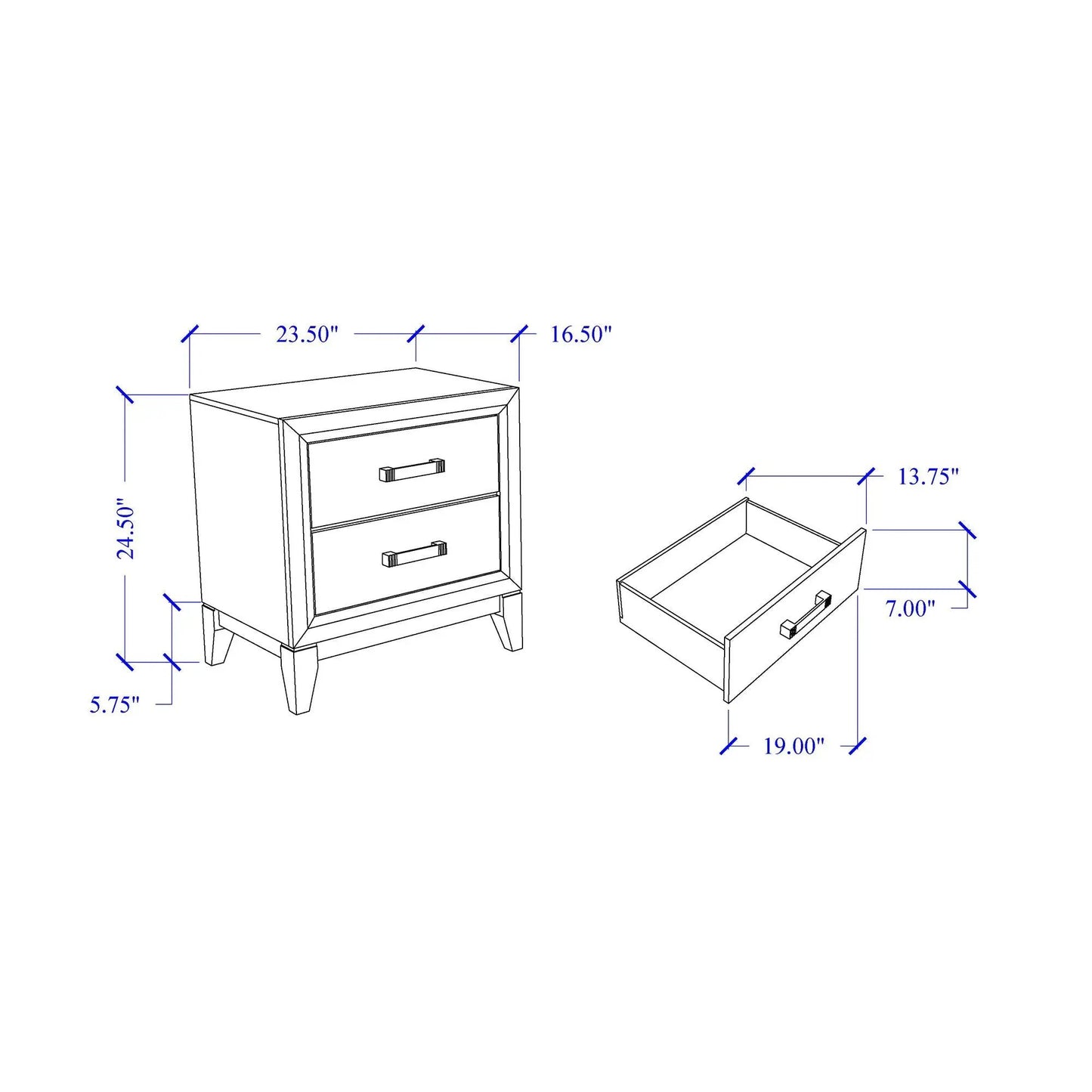 Mirage Nightstand line drawing with two drawers and modern pulls on Tampa Home & Garden Store